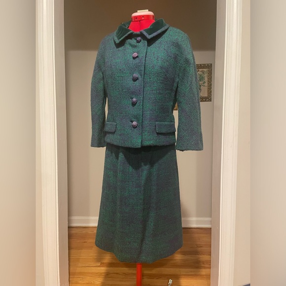 1960s 3 Piece Skirt Suit Matching Green & Purple Boucle Set Top Skirt & Jacket - Picture 6 of 16